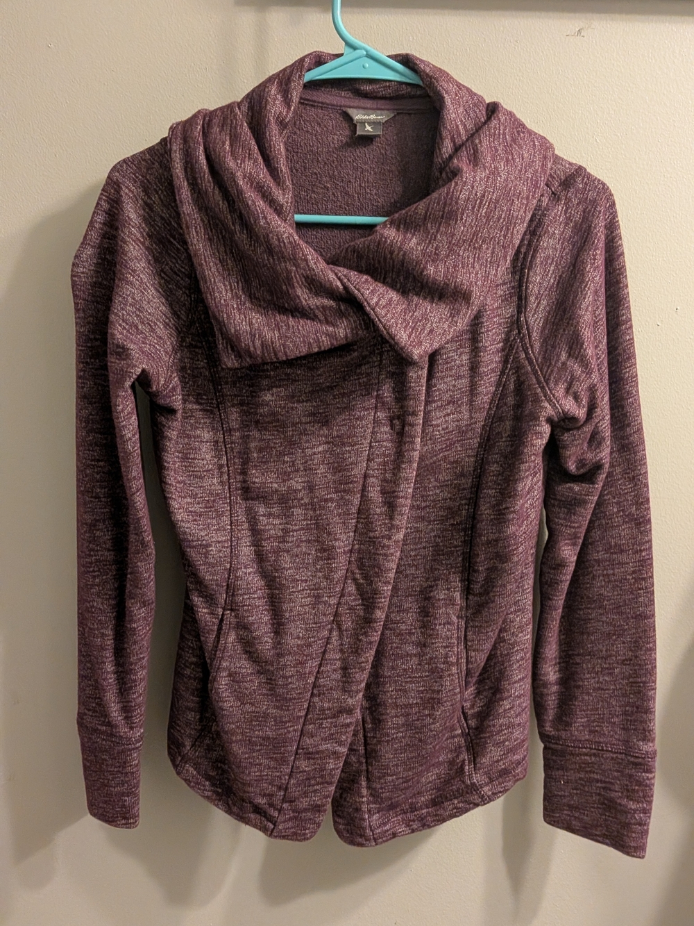 Eddie Bauer Heathered Plum Open Drape Front Cardigan